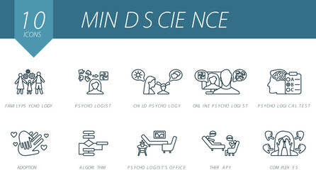 Mind science outline icons set. Creative icons: family psychology, psychologist, child psychology, online psychology, psychological test, adoption, algorithm, psychologist's office, therapy, complexes
