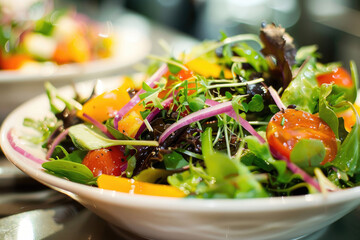 Colorful salad in chic restaurant with fresh veggies and herbs