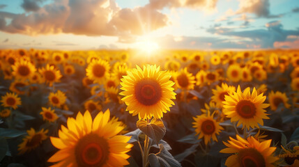 Obraz premium a field of blooming sunflowers at sunset