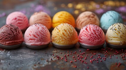 Several ice cream scoops in different flavors are beautifully arranged in a neat line, showcasing a colorful and tempting array of this frozen and delightful dessert.