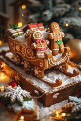 Holiday traditional food bakery. Two gingerbreads and sleigh with gifts in cozy warm decoration with garland lights.
