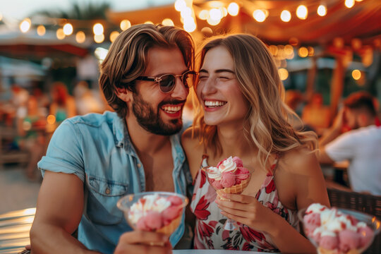 A joyful couple shares a romantic moment while enjoying ice cream cones at an outdoor café during a warm summer evening.