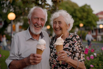 An elderly couple is captured sharing a joyful moment as they hold ice cream cones in a picturesque outdoor setting.
