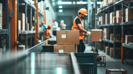Fototapeta premium Workers in orange safety vests operate in a busy warehouse, handling and organizing packages for distribution.