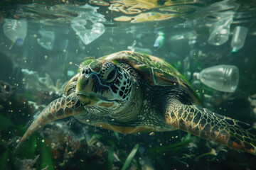 Fototapeta premium Close Up, Sea turtle swimming among plastic pollution and discarded bottles