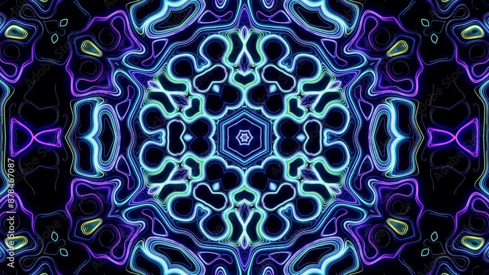 Poster 4k abstract looped bg with flashing lines pattern like symmetrical radial ornament on plane like lig