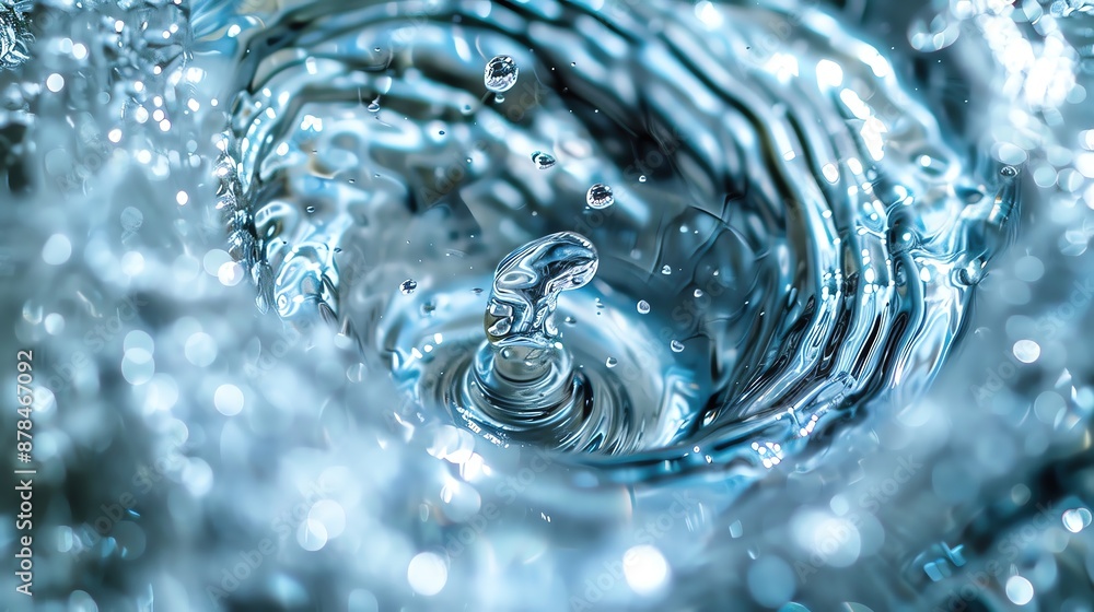 Poster close-up shot of water vortex forming a whirlpool with splashing droplets, showcasing fluid dynamics