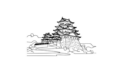 vintage japanese style castle line art illustration 