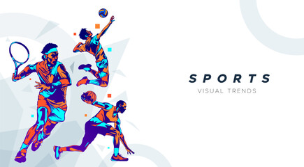 sport background, national sports day celebration concept, with abstract geometric ornament and illustration of sports athlete football player, badminton, basketball, baseball, tennis, volleyball © N-Focus 5