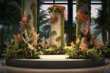 Floral Decorated Pillars with a Stage in a Tropical Garden