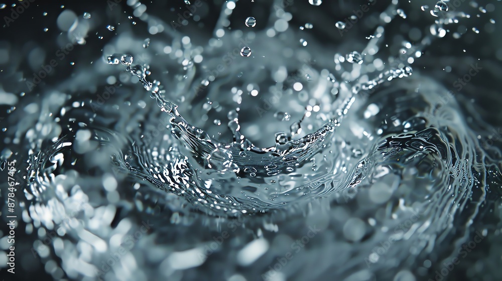 Poster close-up view of water splash forming intricate patterns on a dark background, showcasing the beauty