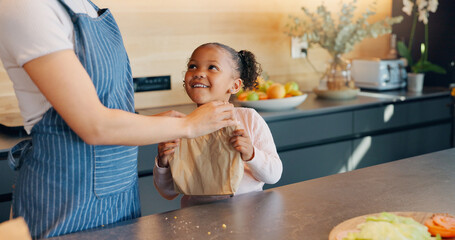 Girl child, kitchen and cooking food with mom for diet health, teaching skill and development in...