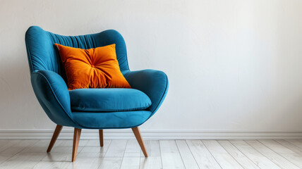 Modern blue armchair with orange cushion in minimalistic interior.