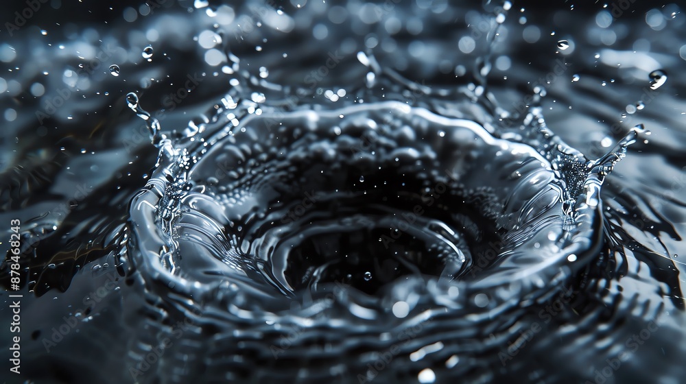 Poster dynamic close-up of a water drop splash creating ripples and splashes in a dark liquid surface, show