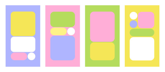 Pastel Trendy Geometry Design elements, bento grid. Set of vertical format for social media. Colors for kids. Abstract huge rounded shapes. Web frame set. Trending brick Ui template. Web comics grids
