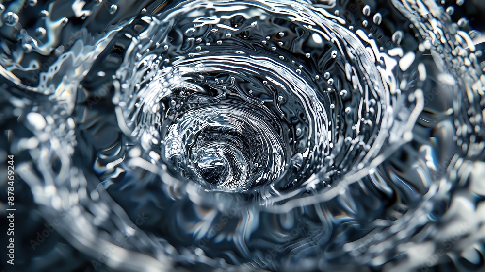 Poster dynamic close-up of swirling water vortex with bubbles and reflections, highlighting fluid dynamics 