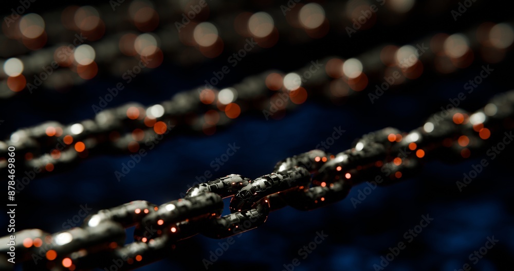 Poster futuristic blockchain concept with glowing blue bokeh and chain links