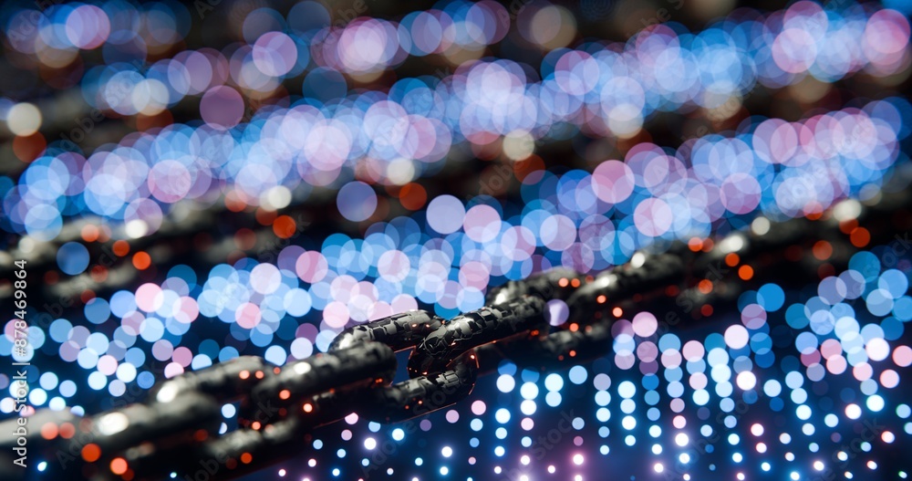 Poster futuristic blockchain concept with glowing blue bokeh and chain links