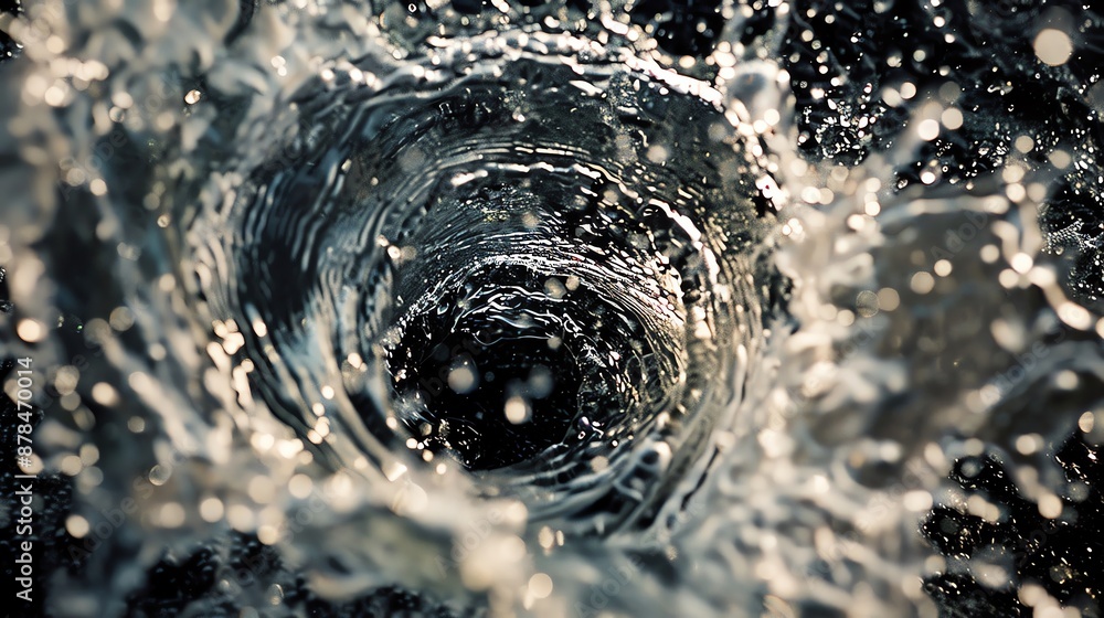 Poster Dynamic spiral splash of water droplets in motion, creating a mesmerizing vortex against a dark background. Perfect for science and motion themes.