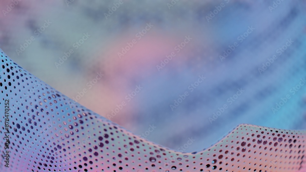 Poster abstract metallic spherical structure with perforated surface and smooth curves..