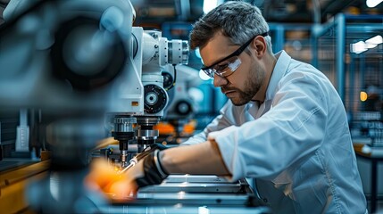 A technician inspecting a robotic assembly line, focusing on quality assurance and maintenance.