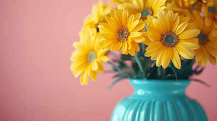A blue vase with vibrant yellow flowers against a pastel pink background.
