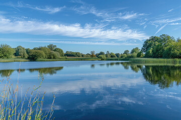 Obraz premium Tranquil lake reflecting soft clouds
