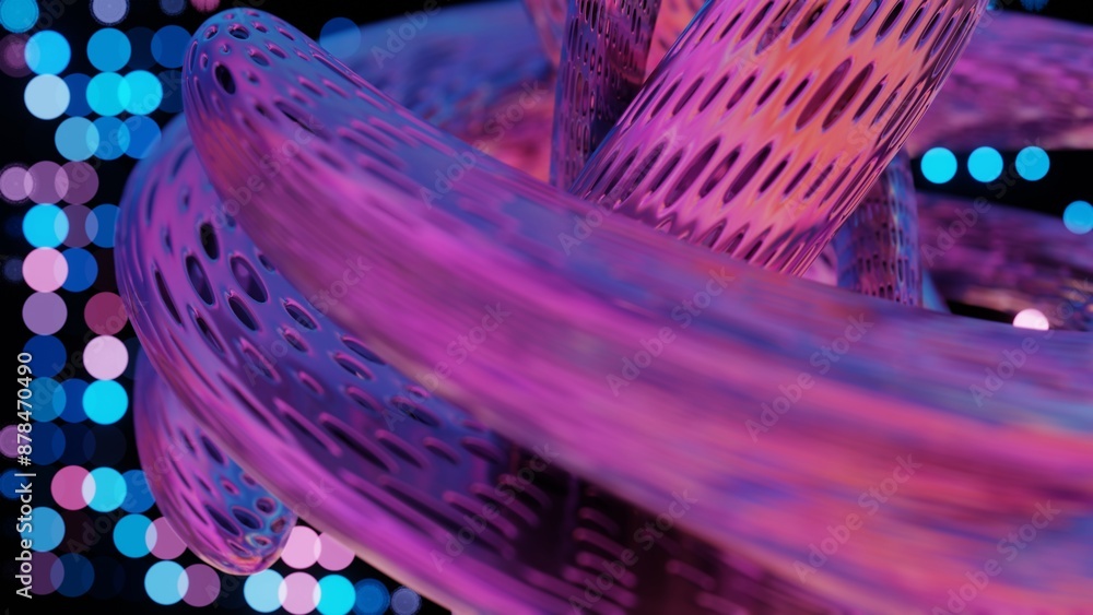 Poster abstract 3d structure with pink and purple mesh and neon bokeh background