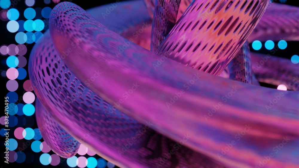 Poster abstract 3d structure with pink and purple mesh and neon bokeh background