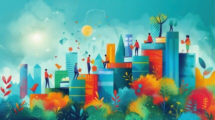 Progress chart with diverse individuals climbing steps of books and digital resources, vibrant and inclusive imagery, Knowledge For All, Progress