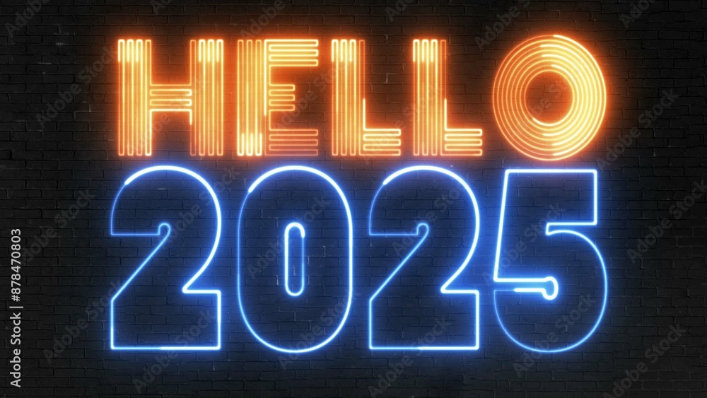 Poster hello 2025 text font with light. luminous and shimmering haze inside the letters of the text happy n