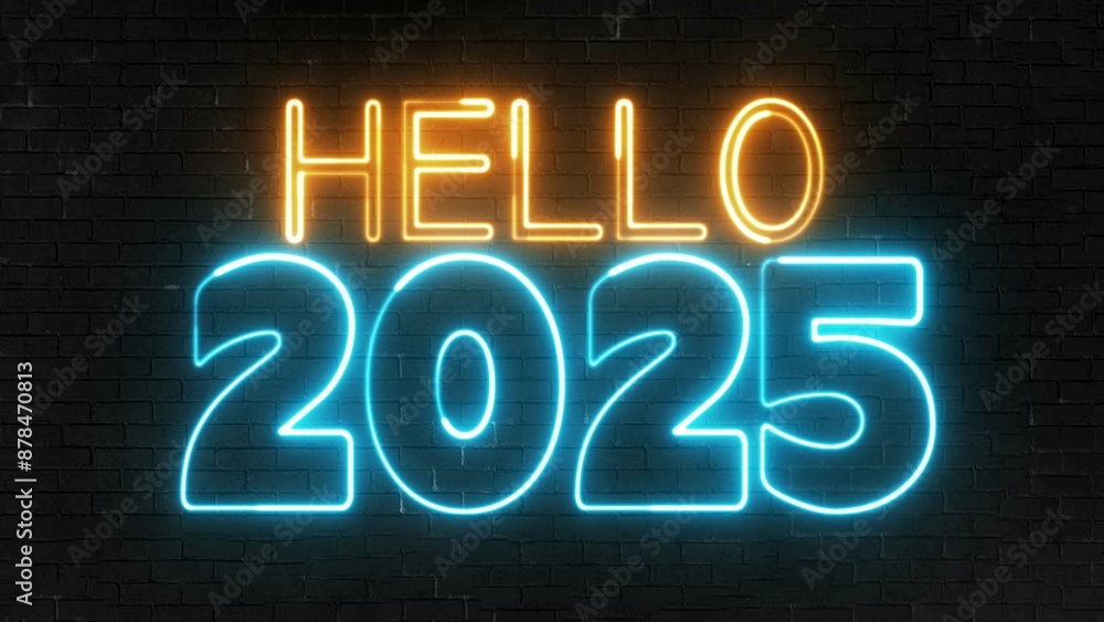 Poster hello 2025 text font with light. luminous and shimmering haze inside the letters of the text happy n