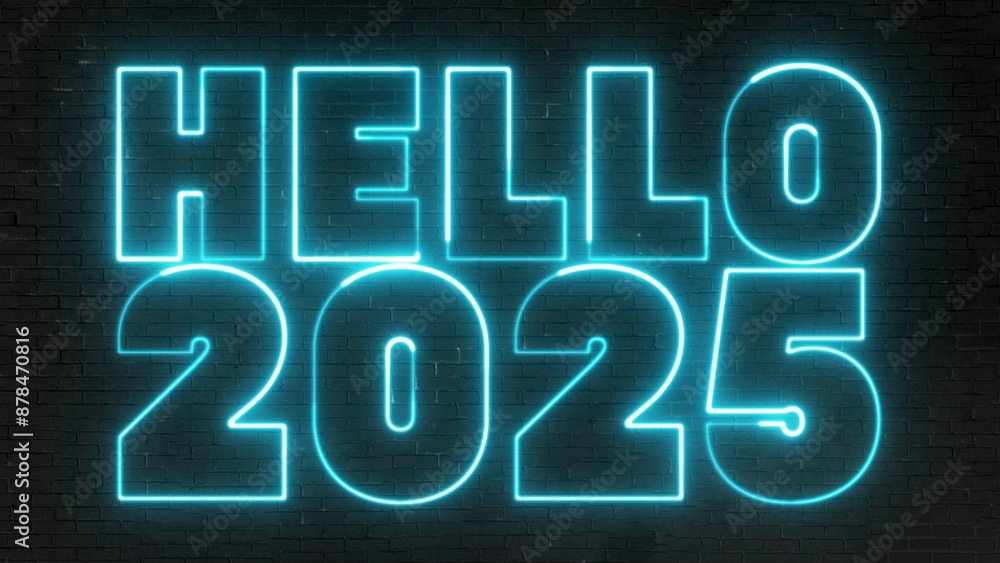 Poster hello 2025 text font with light. luminous and shimmering haze inside the letters of the text happy n