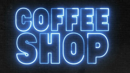 Coffee Shop text font with neon light. Luminous and shimmering haze inside the letters of the text Coffee Shop. Coffee Shop neon sign. 