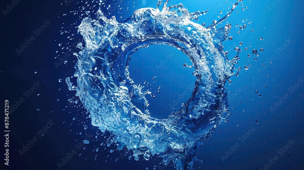 Poster dynamic splash of water forming a circular shape against a deep blue background, highlighting moveme