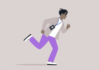 A person with a badge on a lanyard runs to an office meeting