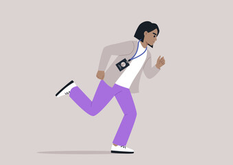 A person with a badge on a lanyard runs to an office meeting