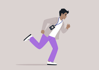 A person with a badge on a lanyard runs to an office meeting
