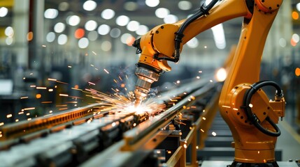 A robotic welding machine creating sparks as it joins metal parts in a factory setting.