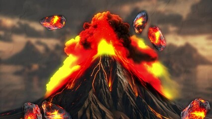 A huge volcano woke up with an explosion and made several ejections of magma and boulders against the backdrop of the islands. Power of nature concept. Smooth animation on color paper background
