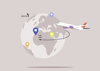 An airplane flies around a simplified representation of Earth, showing various destination pins, flight paths, and an ETA, symbolizing global travel and navigation