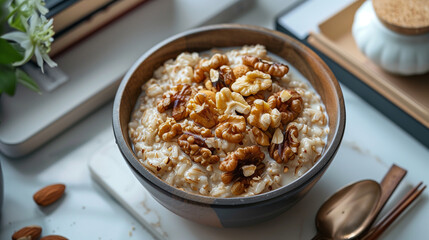 Healthy oatmeal porridge mixed with walnuts