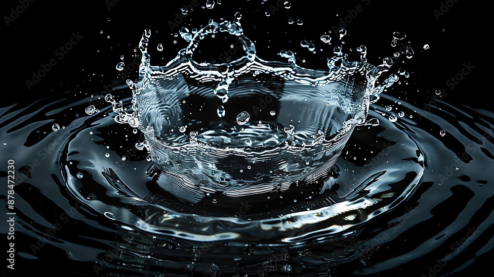 Poster high-speed capture of a water drop splash with crystal-clear details, creating ripples against a bla