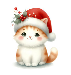Watercolor painting of cat christmas theme on​ white background