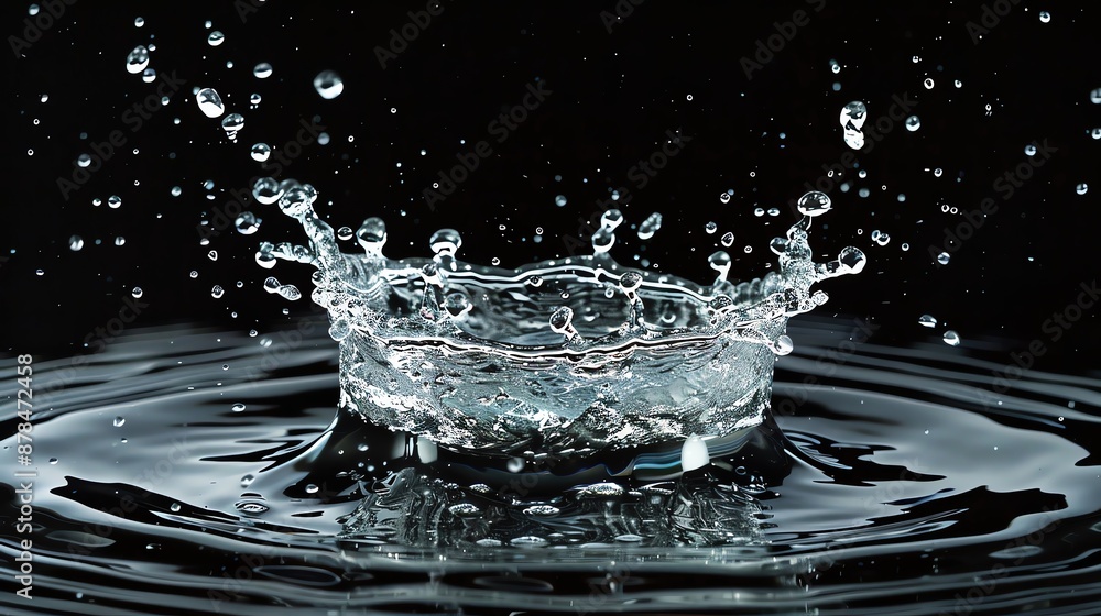 Poster high-speed capture of a water splash in a dark setting, showcasing the intricate details of droplets