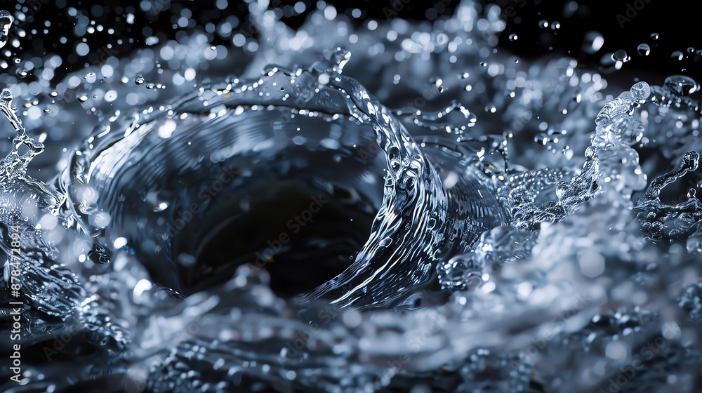 Poster high-speed capture of a water vortex creating dynamic splashes and ripples, showcasing the power and