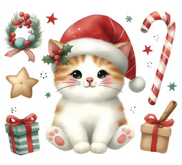 Watercolor painting of cat christmas theme on​ white background