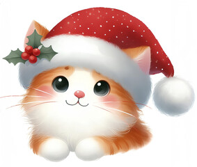 Watercolor painting of cat christmas theme on​ white background