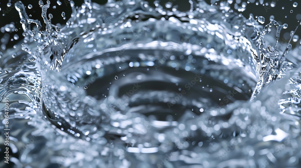 Poster high-speed macro shot of a water splash creating ripples and droplets, captured in a detailed and dy