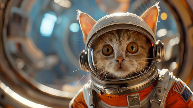 A kitten in a space suit and helmet, standing in a themed space, exuding the energy of adventure and exploration curiosity.